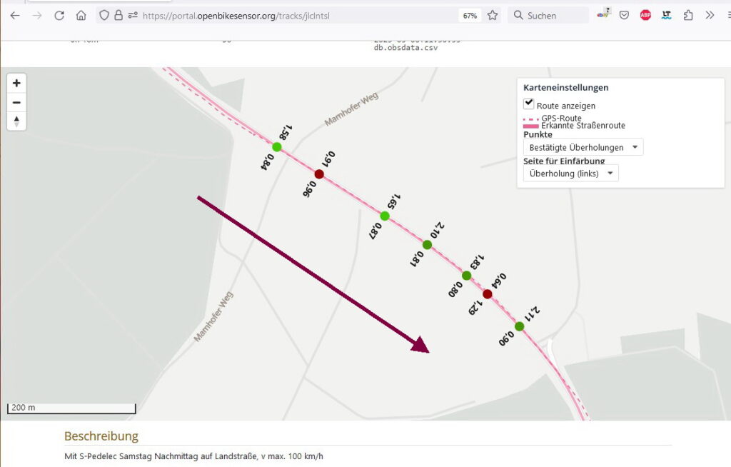 Screenshot OBS ueberholabstand muenchen Starnberg samstag Nachmittag, landkarte mit Anzeige gemessener Abstände, Punkte vom grün, über gelb bis rot