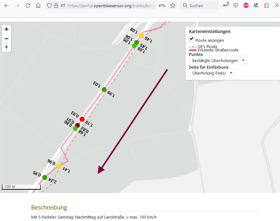 Screenshot OBS ueberholabstand muenchen Starnberg landkarte mit Anzeige gemessener Abstände, Punkte vom grün, über gelb bis rot