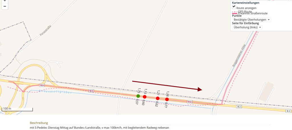 Grafik einer Strasse von Openbikesensor, die die Abweichung der GPS Route vom tatsächlichem Straßenverlauf zeigt