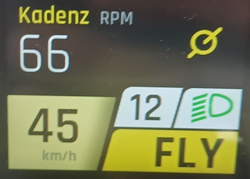 foto von Display von Kettler pinniato zeigt kadenz von 66 bei 4kmh in gang 11